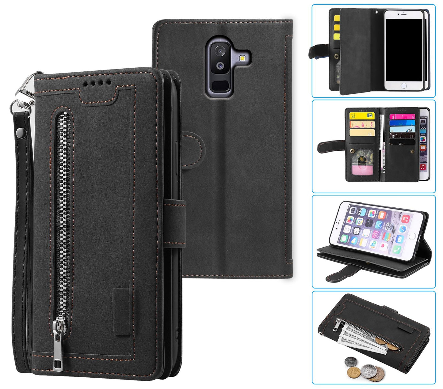 Samsung Galaxy J8 Case Wallet Cover Black