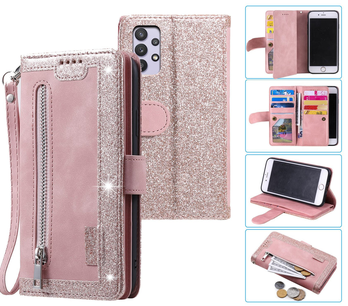 Samsung Galaxy A23 Case Wallet Cover Glitter Rose Gold
