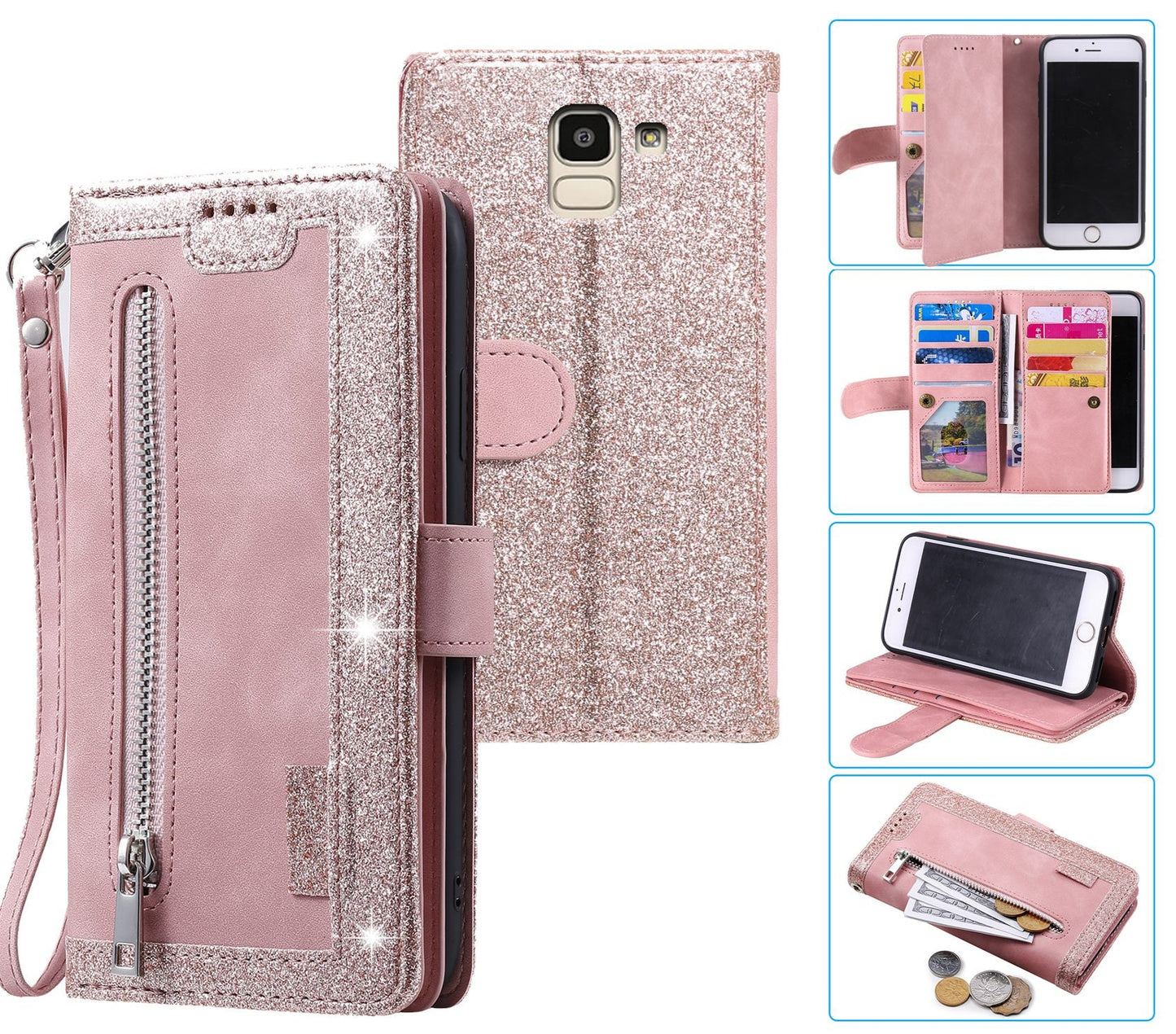 Samsung Galaxy J6 Case Wallet Cover Glitter Rose Gold