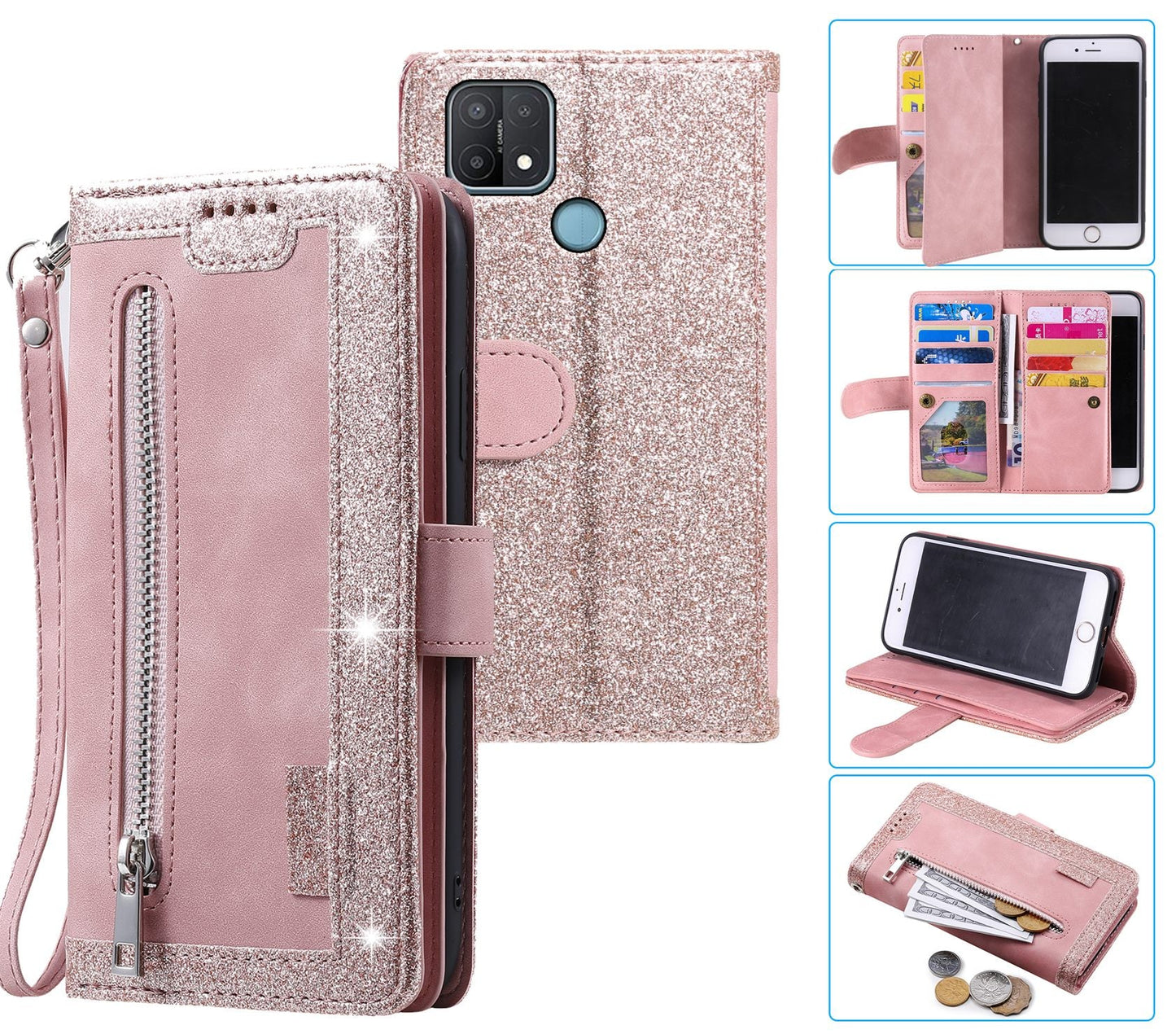 Oppo A15 Case Wallet Cover Glitter Rose Gold