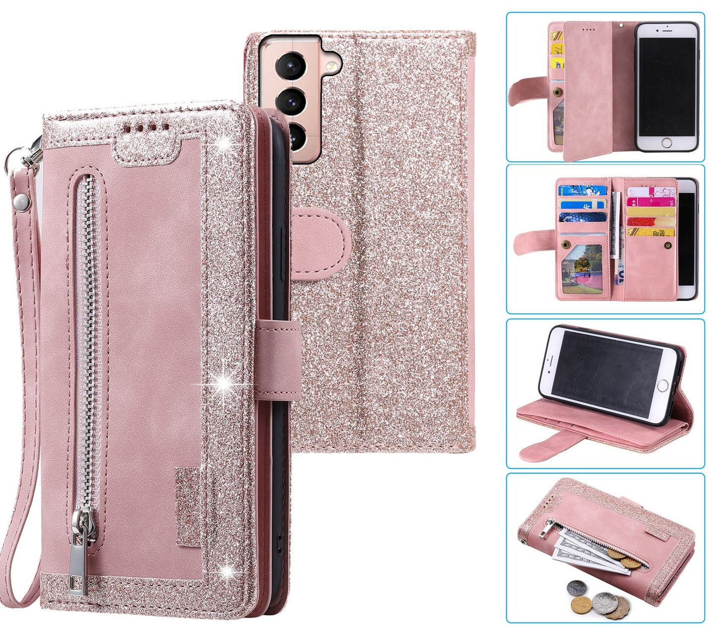 Samsung Galaxy S21 Plus Case Wallet Cover Glitter Rose Gold