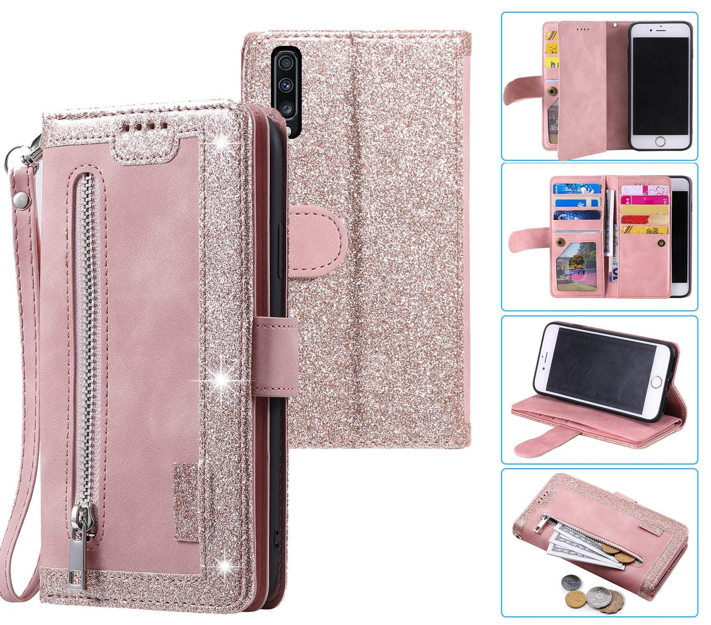 Samsung Galaxy A50 Case Wallet Cover Glitter Rose Gold