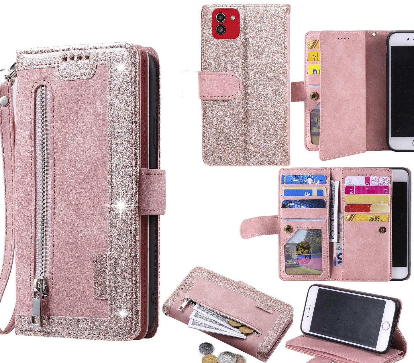 Samsung Galaxy A03 Case Wallet Cover Glitter Rose Gold