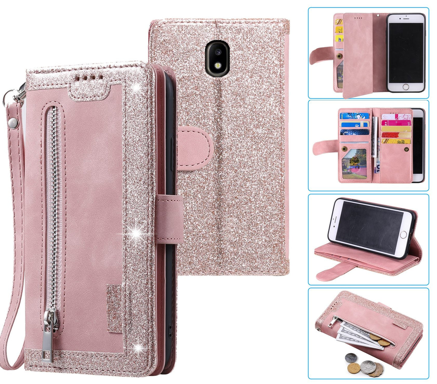 Samsung Galaxy J7 Pro Case Wallet Cover Glitter Rose Gold