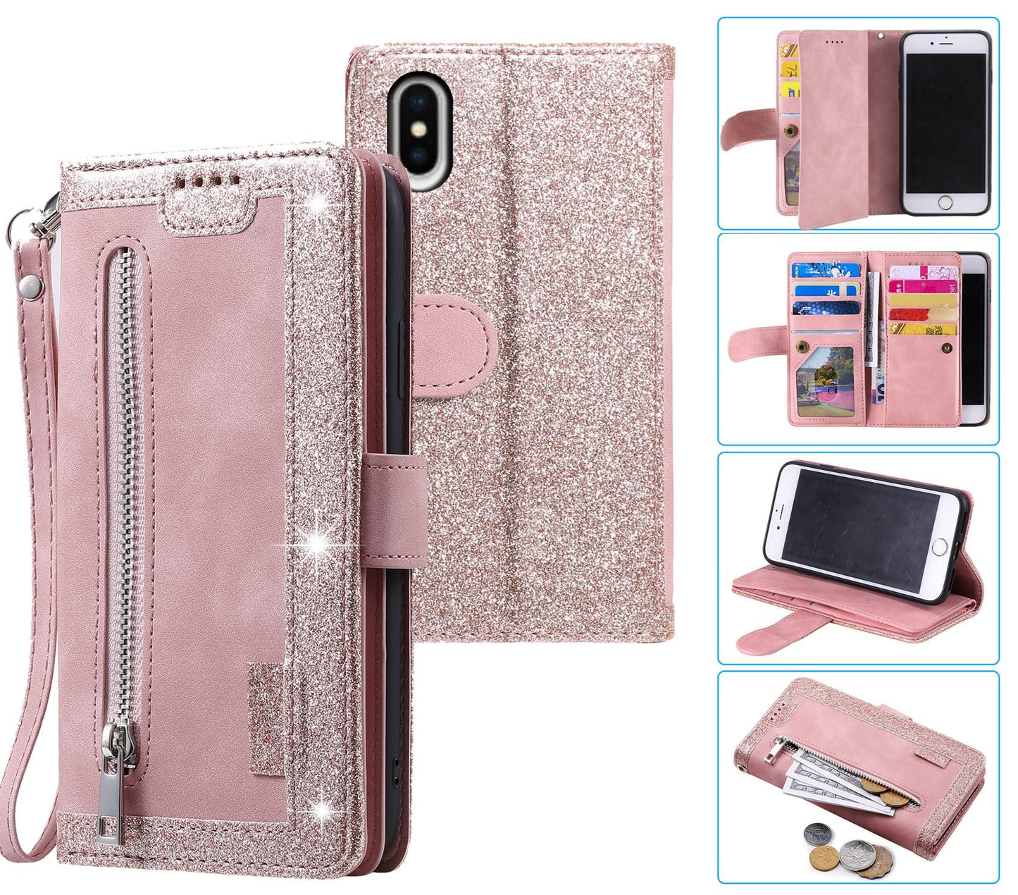 iPhone X Case Wallet Cover Glitter Rose Gold