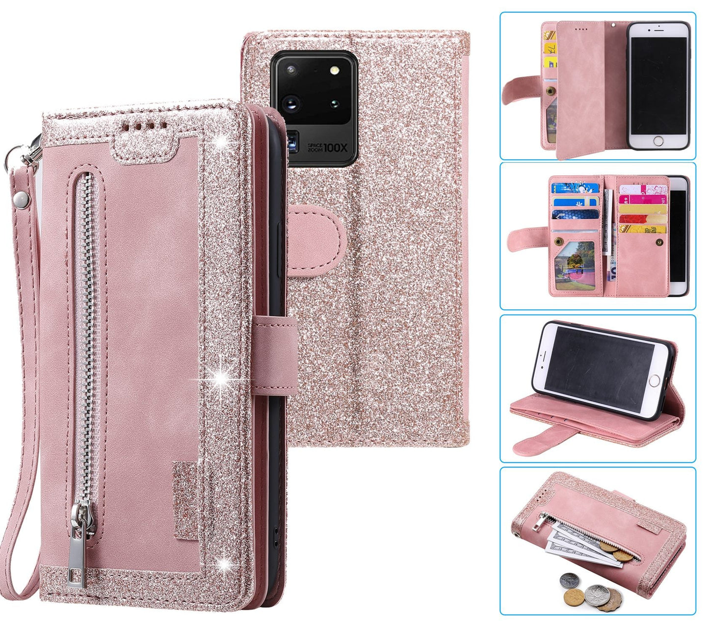Samsung Galaxy S20 Ultra Case Wallet Cover Glitter Rose Gold