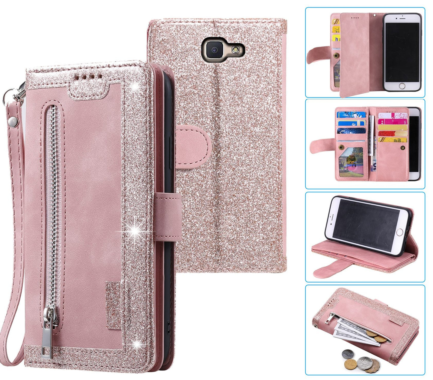 Samsung Galaxy J5 Prime Case Wallet Cover Glitter Rose Gold