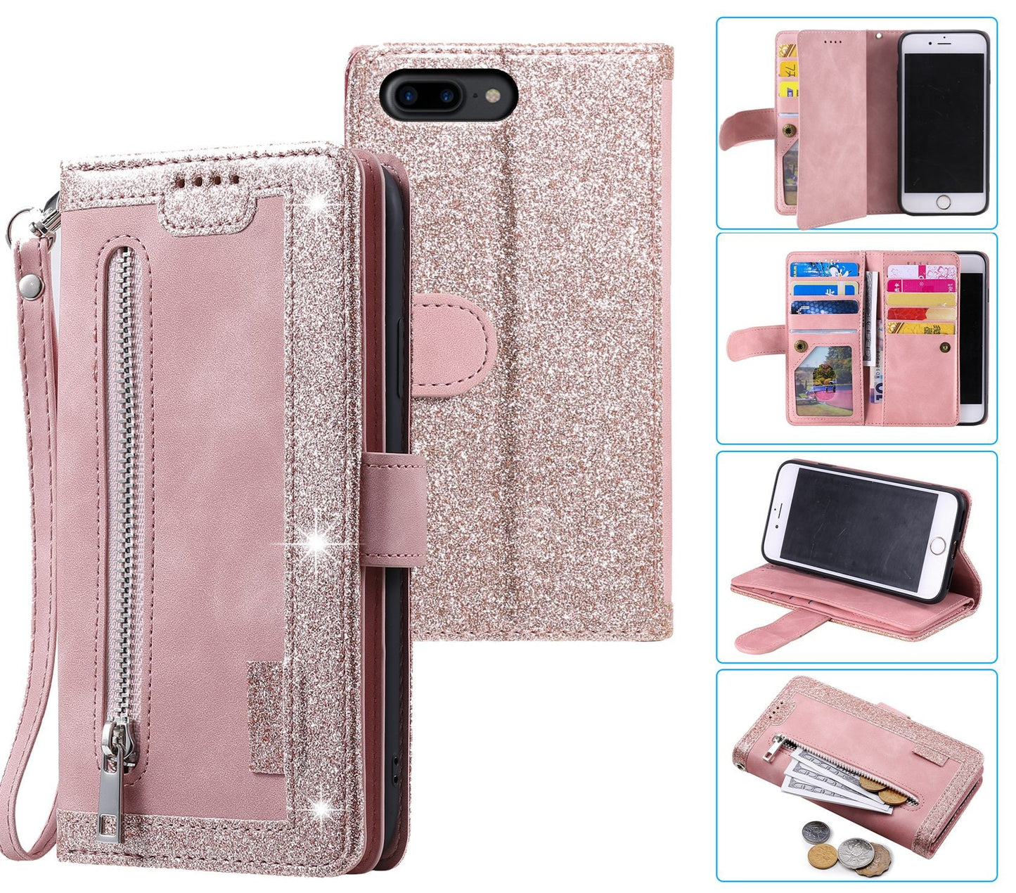 iPhone 7 Plus Case Wallet Cover Glitter Rose Gold
