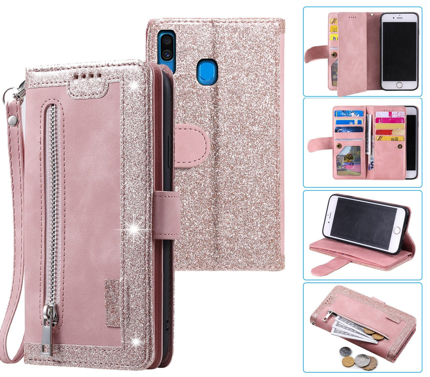 Samsung Galaxy A20 Case Wallet Cover Glitter Rose Gold