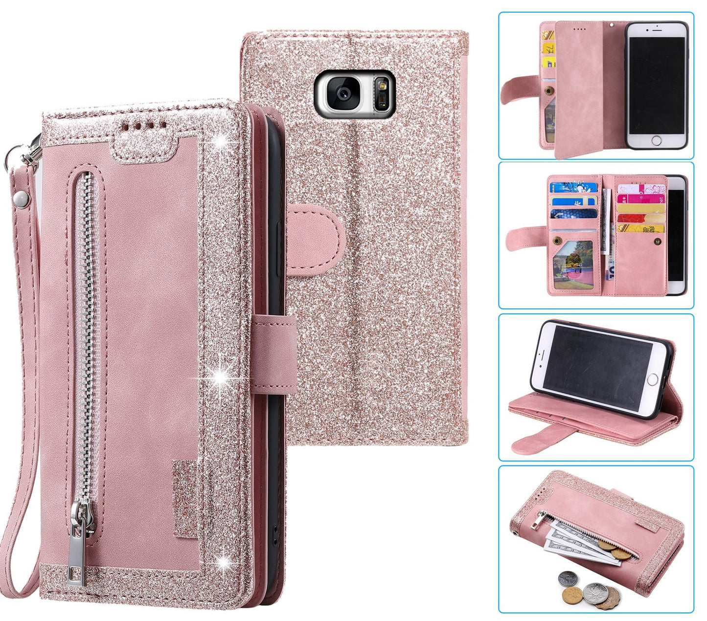 Samsung Galaxy S7 Edge Case Wallet Cover Glitter Rose Gold