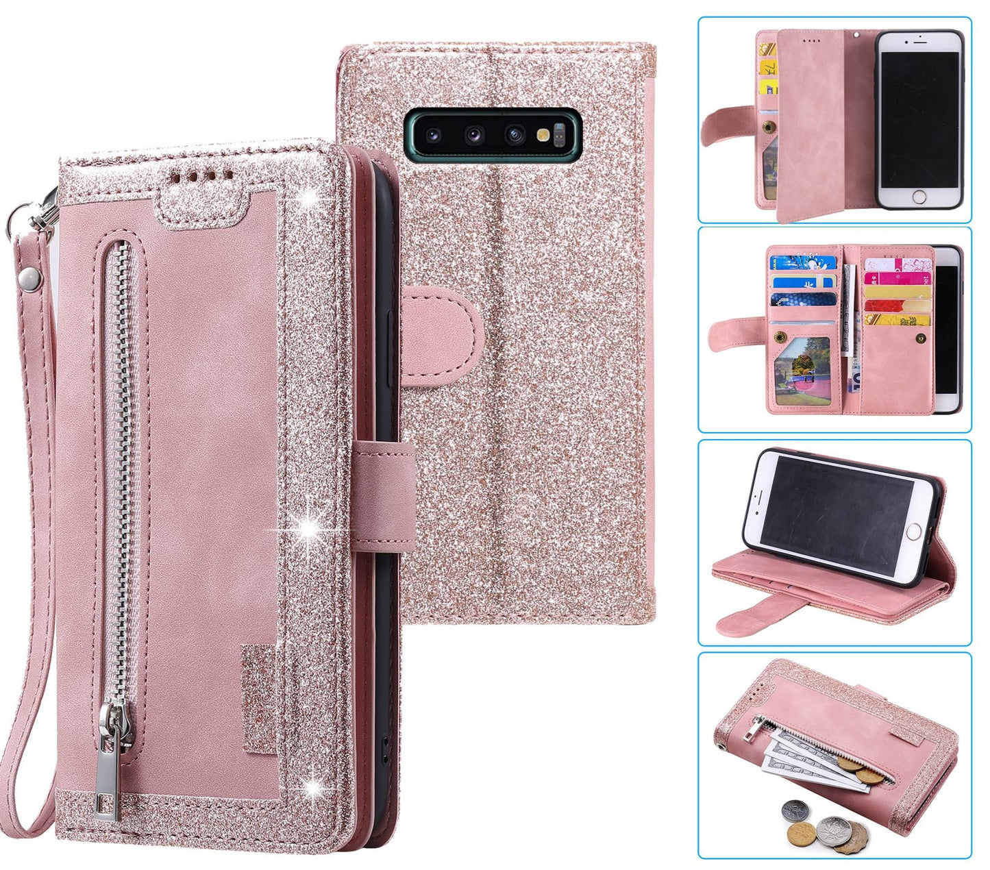 Samsung Galaxy S10 Plus Case Wallet Cover Glitter Rose Gold