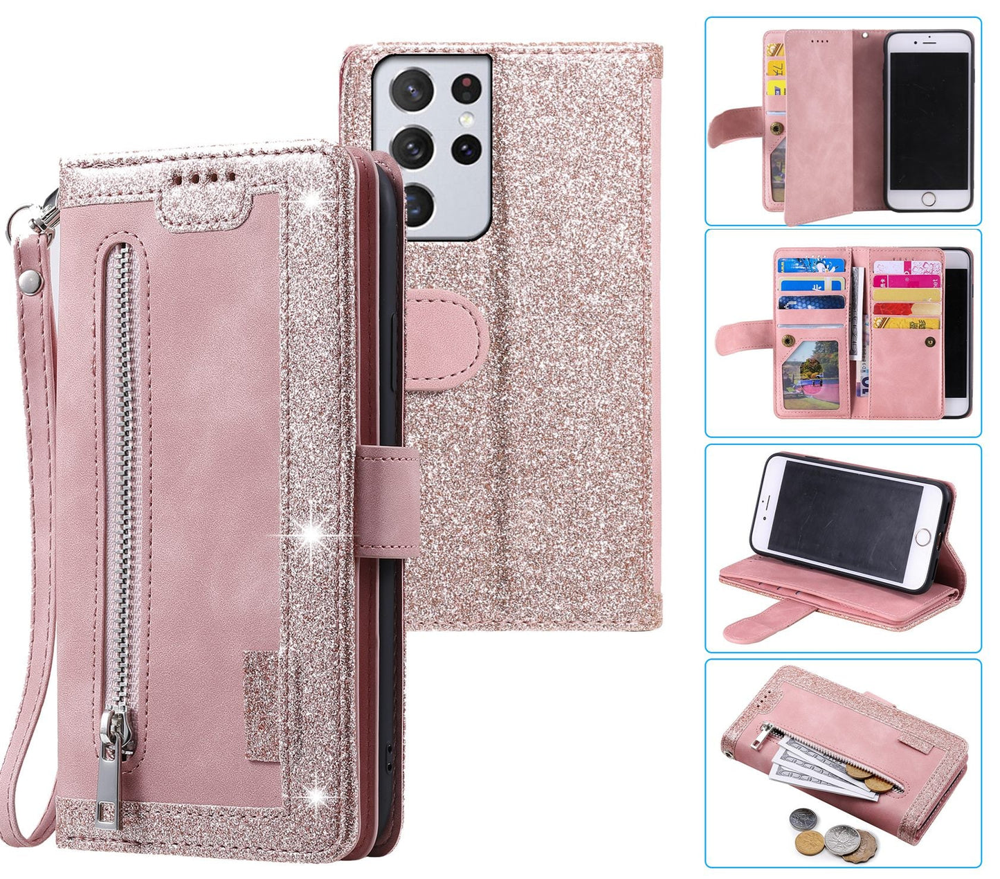 Samsung Galaxy S22 Ultra Case Wallet Cover Glitter Rose Gold