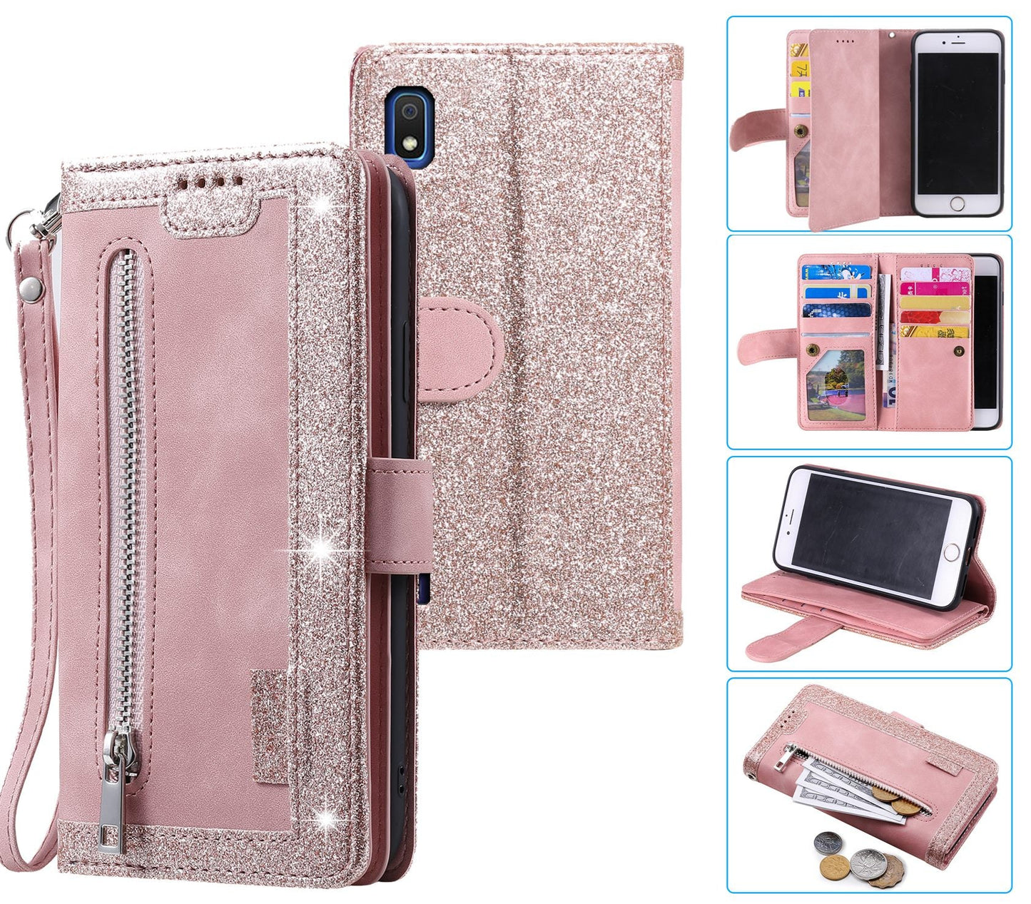 Samsung Galaxy A10 Case Wallet Cover Glitter Rose Gold