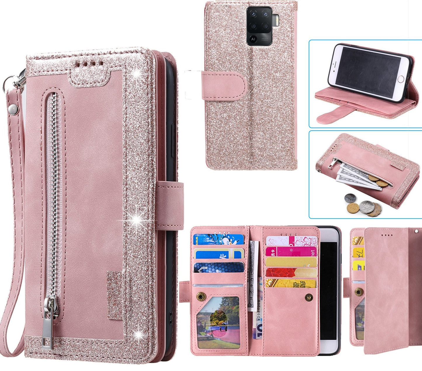 Oppo A94 Case Wallet Cover Glitter Rose Gold