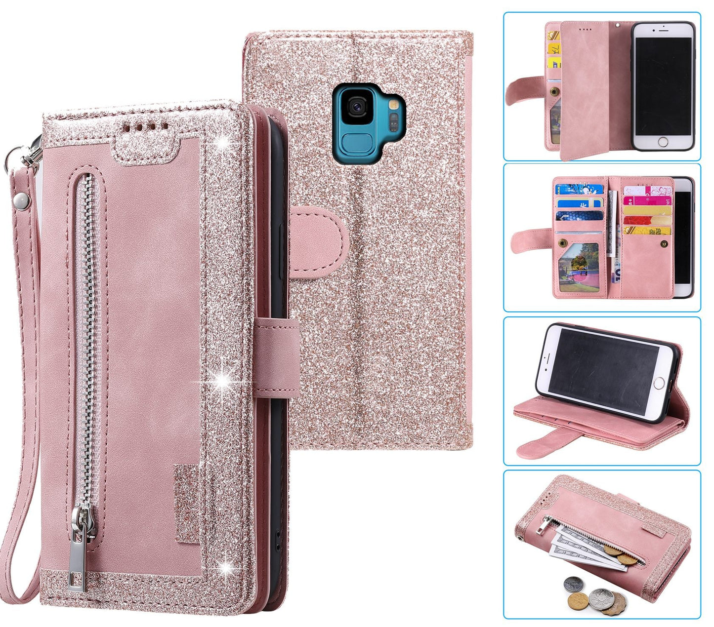 Samsung Galaxy S9 Case Wallet Cover Glitter Rose Gold