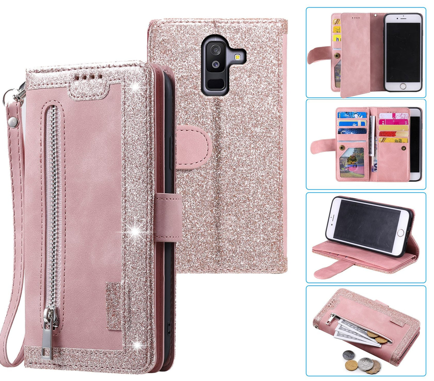 Samsung Galaxy J8 Case Wallet Cover Glitter Rose Gold