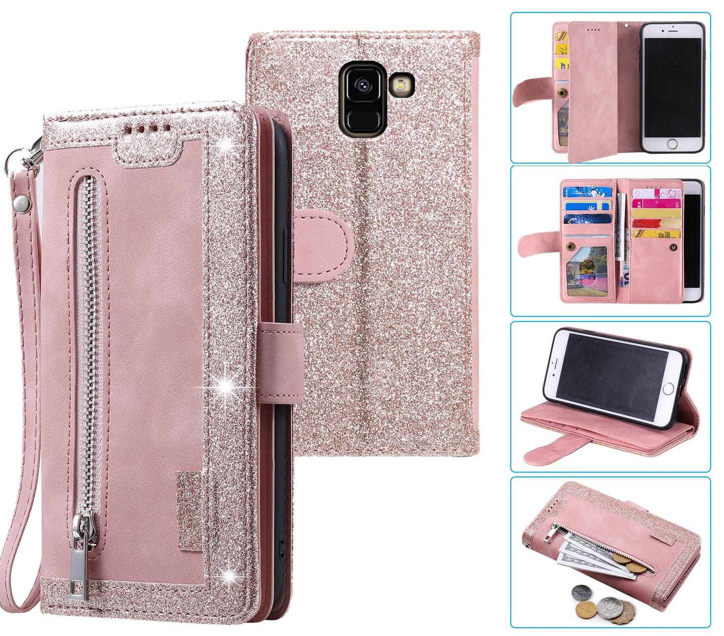 Samsung Galaxy A8 Plus Case Wallet Cover Glitter Rose Gold