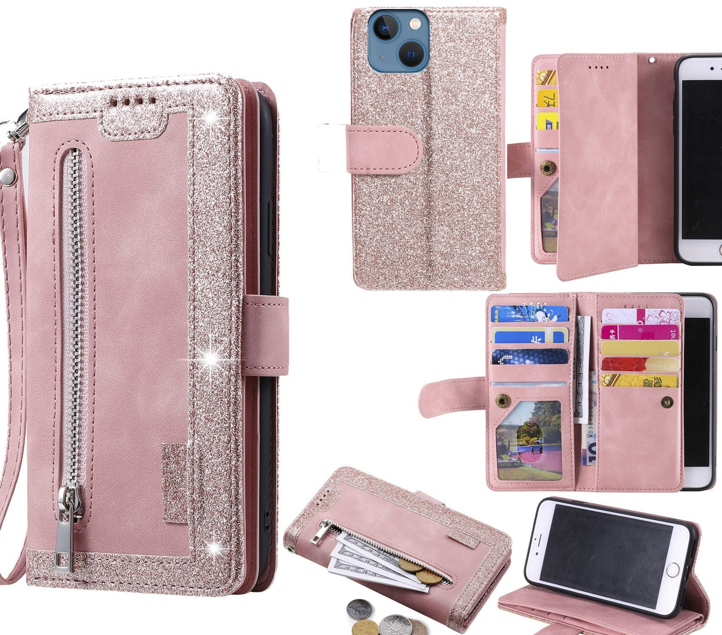 Iphone 14 Case Wallet Cover Glitter Rose Gold