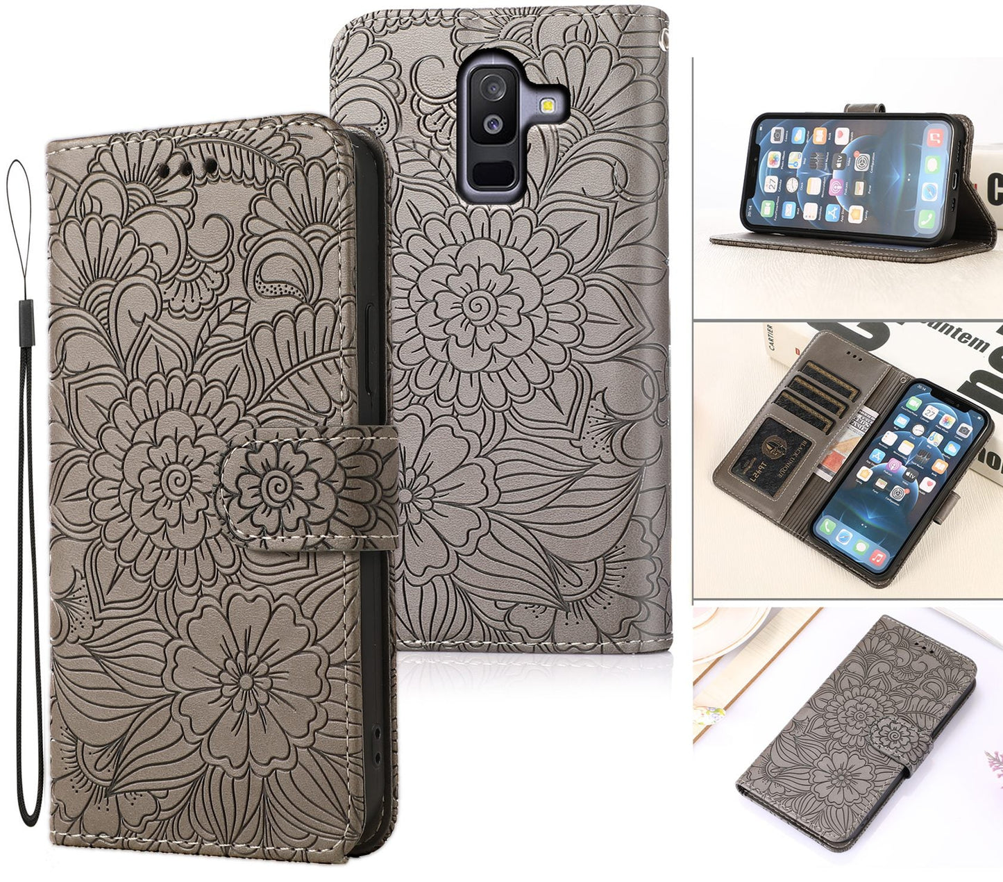 Samsung Galaxy J8 Case Wallet Cover Gray