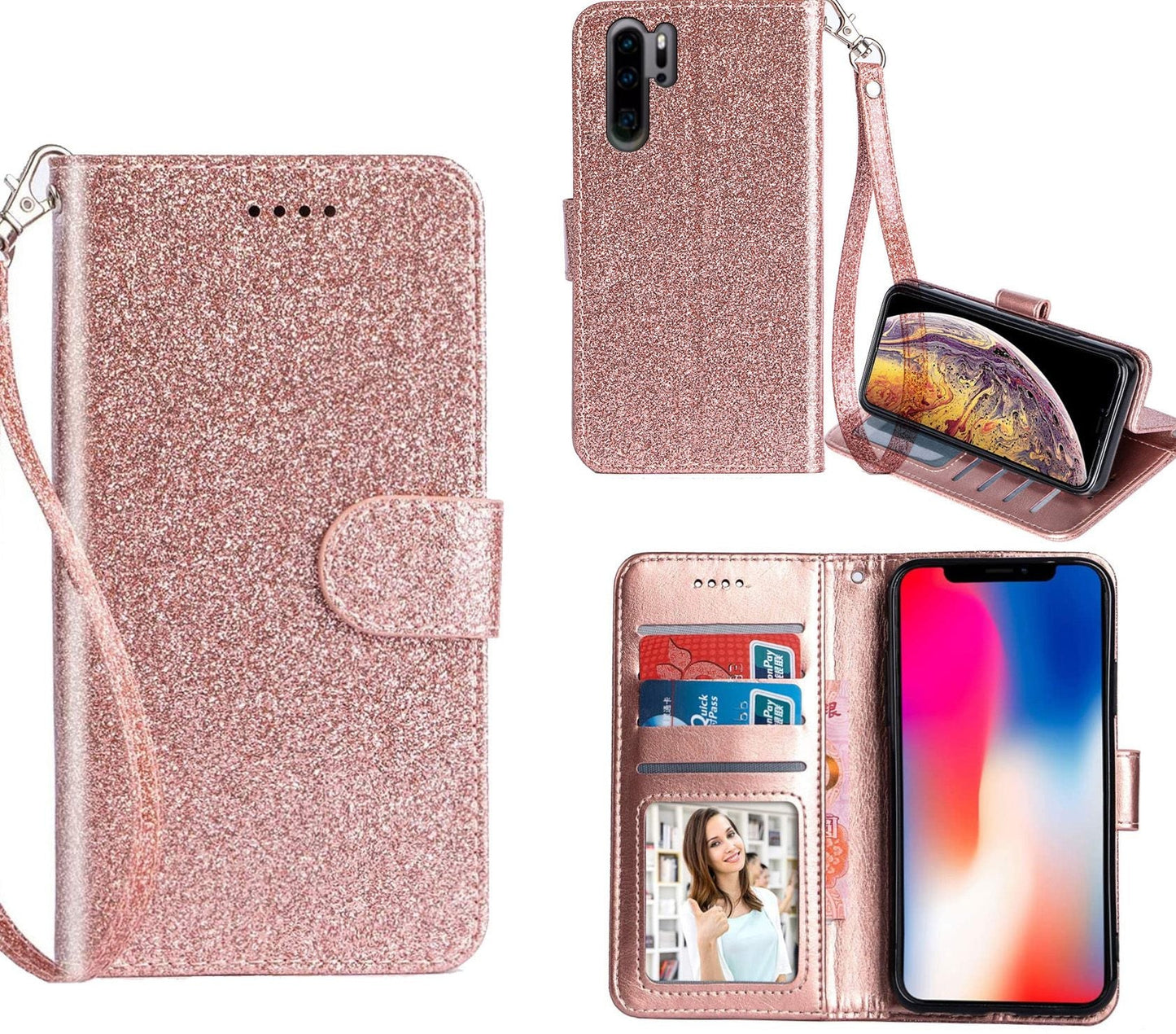Huawei P30 Pro Case Wallet Cover Glitter Rose Gold