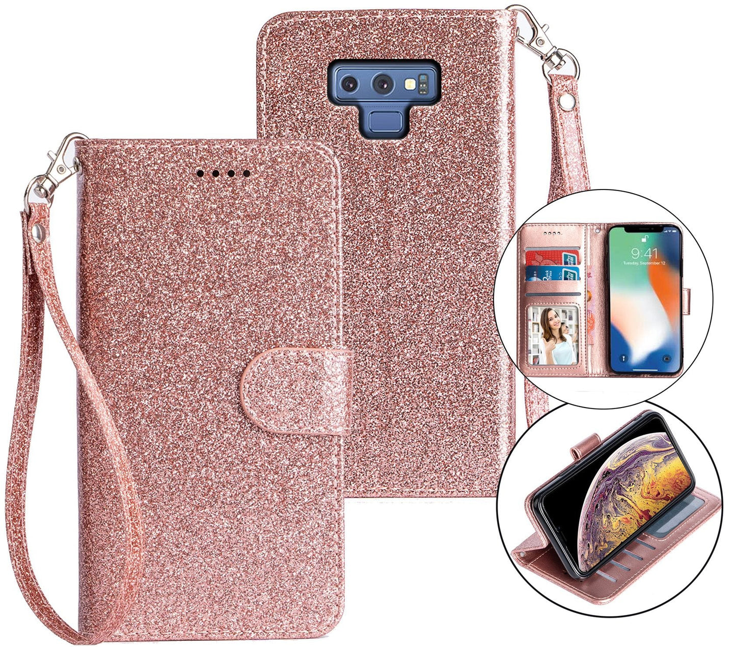 Samsung Galaxy Note 9 Case Wallet Cover Glitter Rose Gold