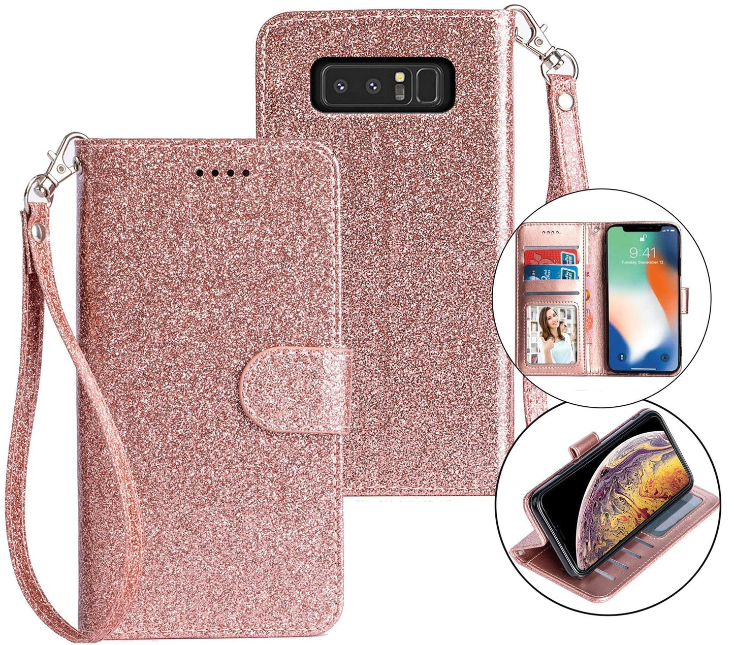 Samsung Galaxy Note 8 Case Wallet Cover Glitter Rose Gold