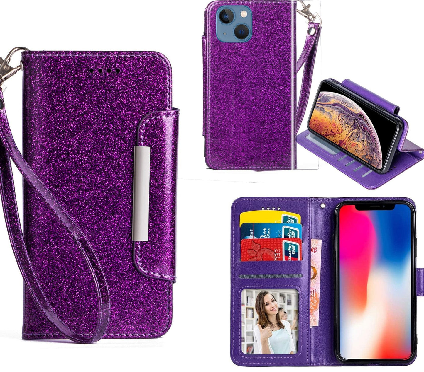 iPhone 13 Case Wallet Cover Glitter Purple