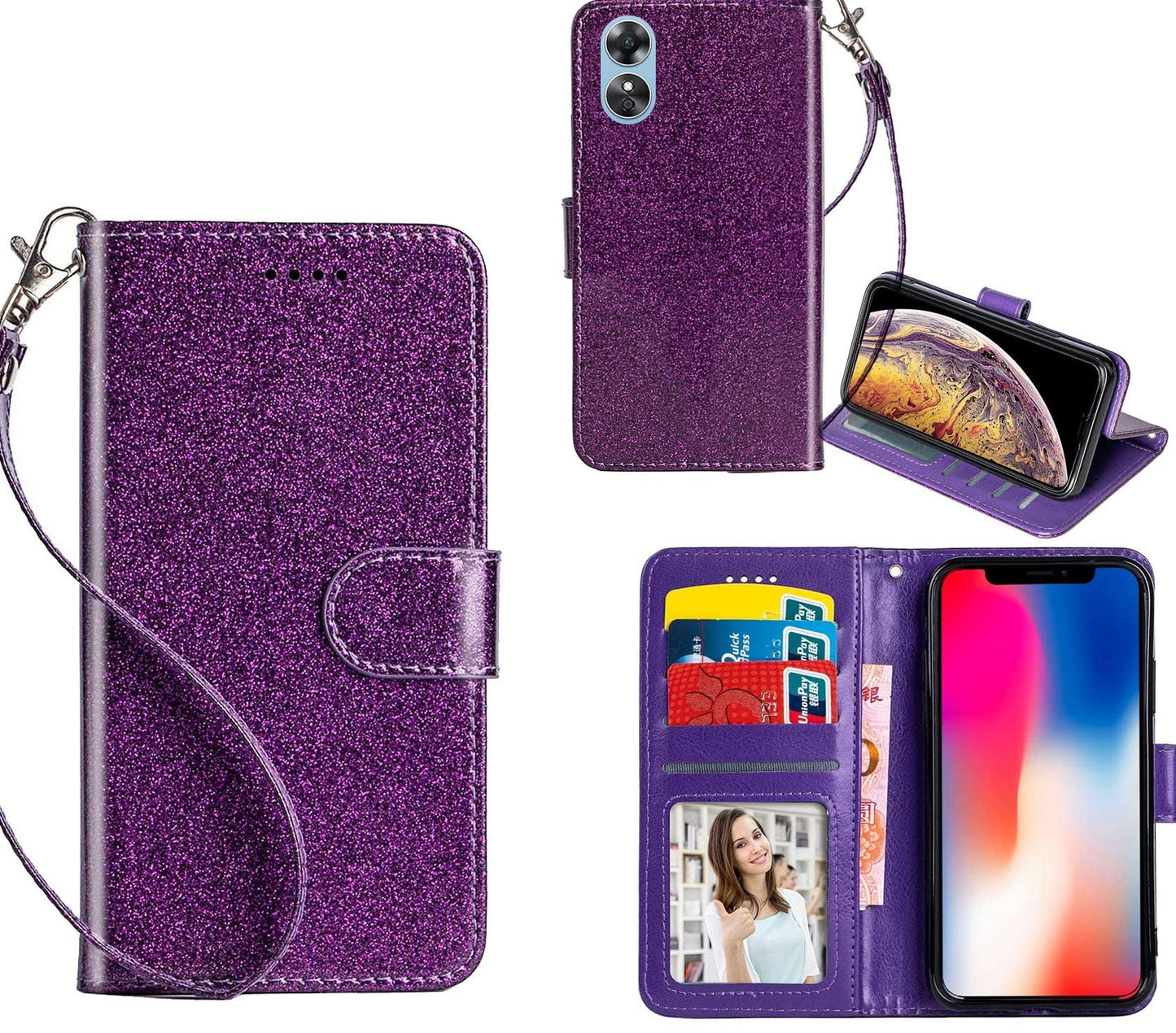 Oppo A17 Case Wallet Cover Glitter Purple