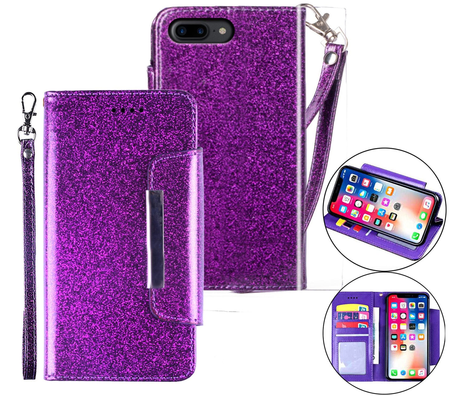iPhone 8 Plus Case Wallet Cover Glitter Purple