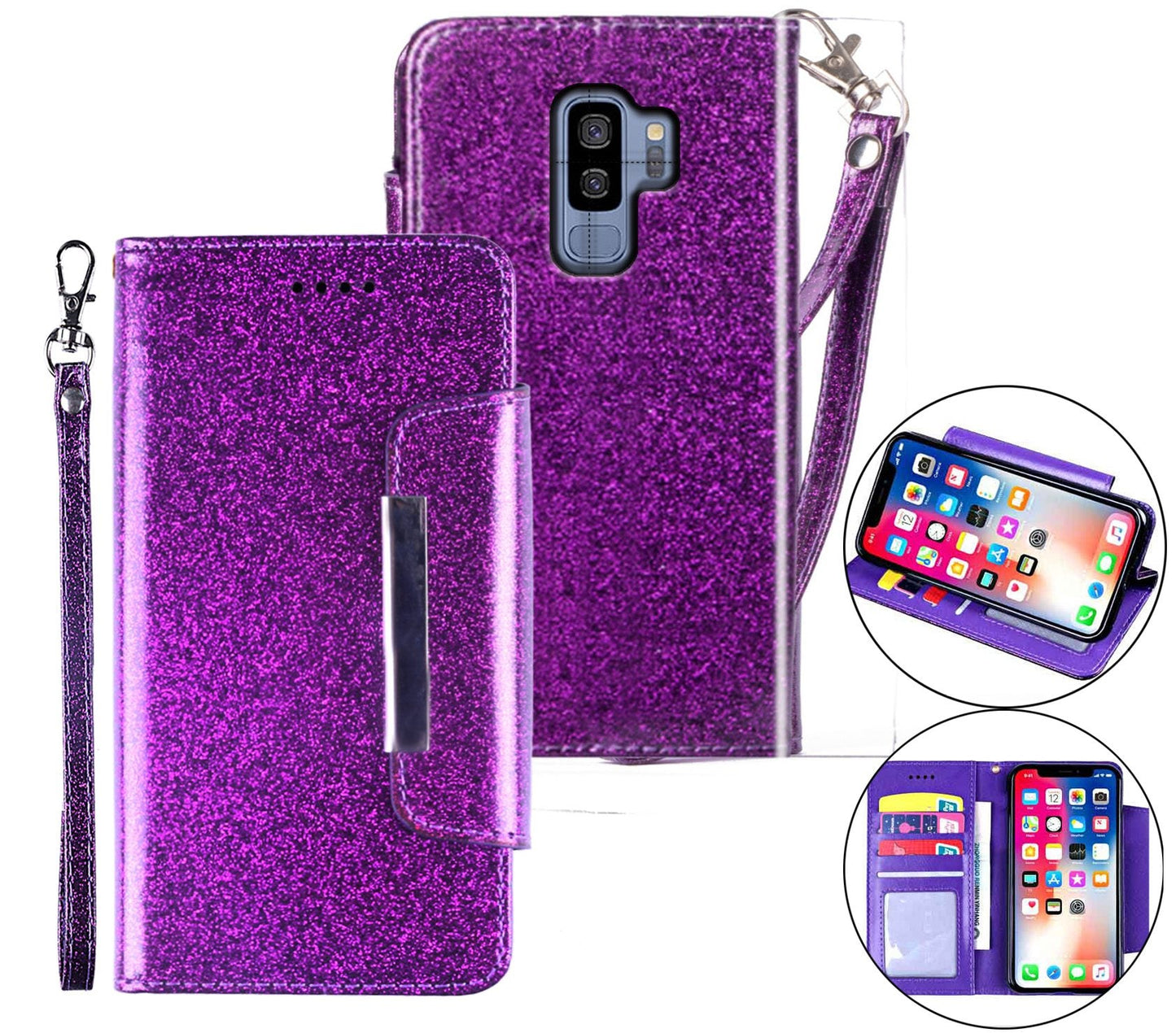 Samsung Galaxy S9 Plus Case Wallet Cover Glitter Purple