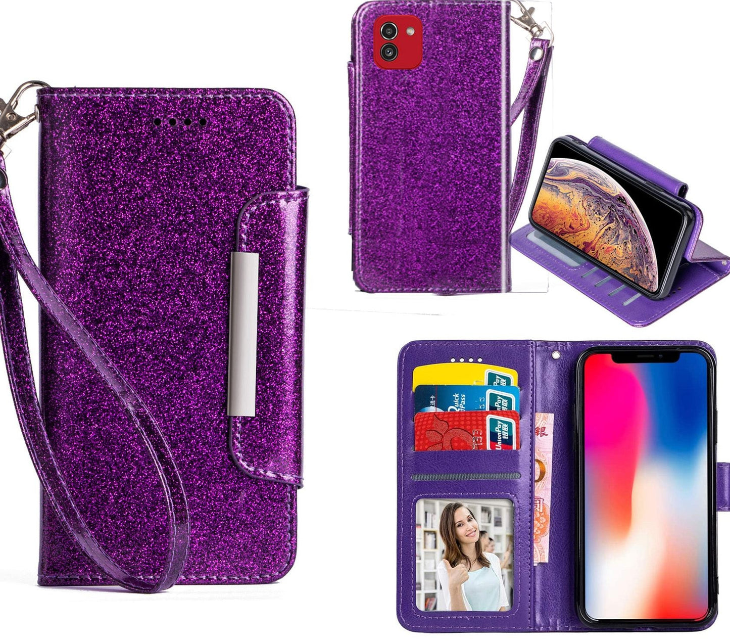 Samsung Galaxy A04 Case Wallet Cover Glitter Purple