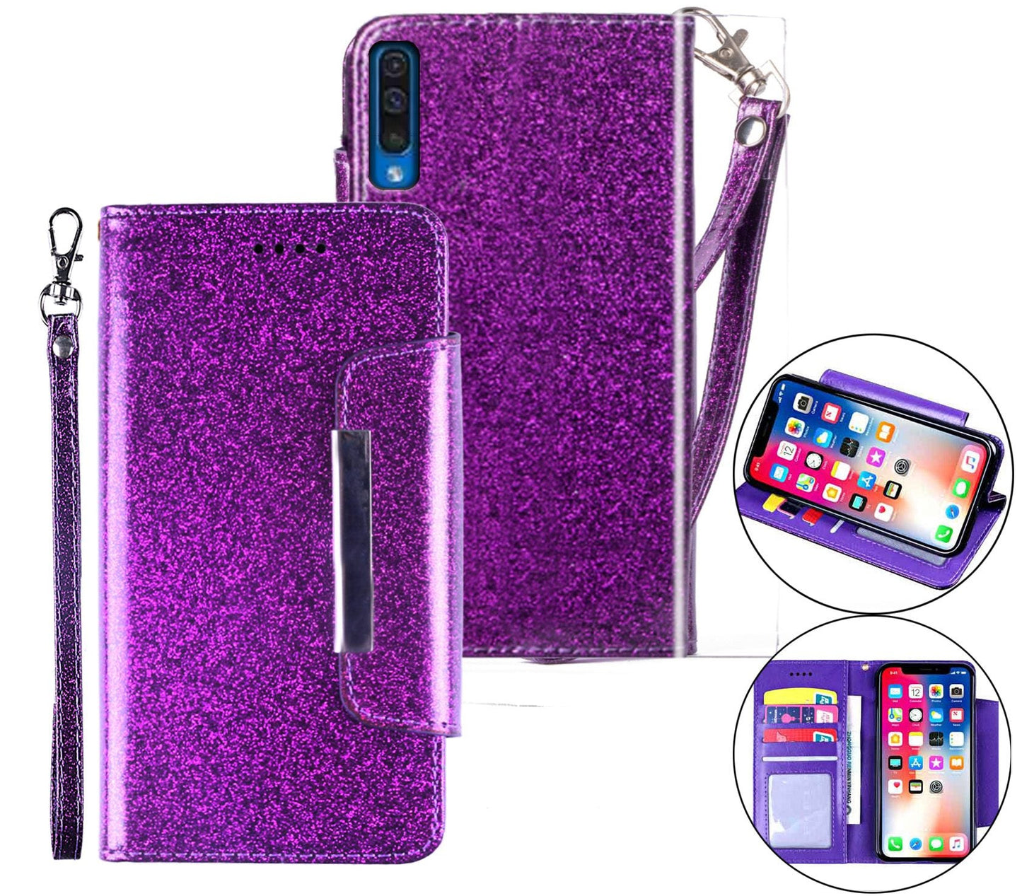 Samsung Galaxy A50 Case Wallet Cover Glitter Purple