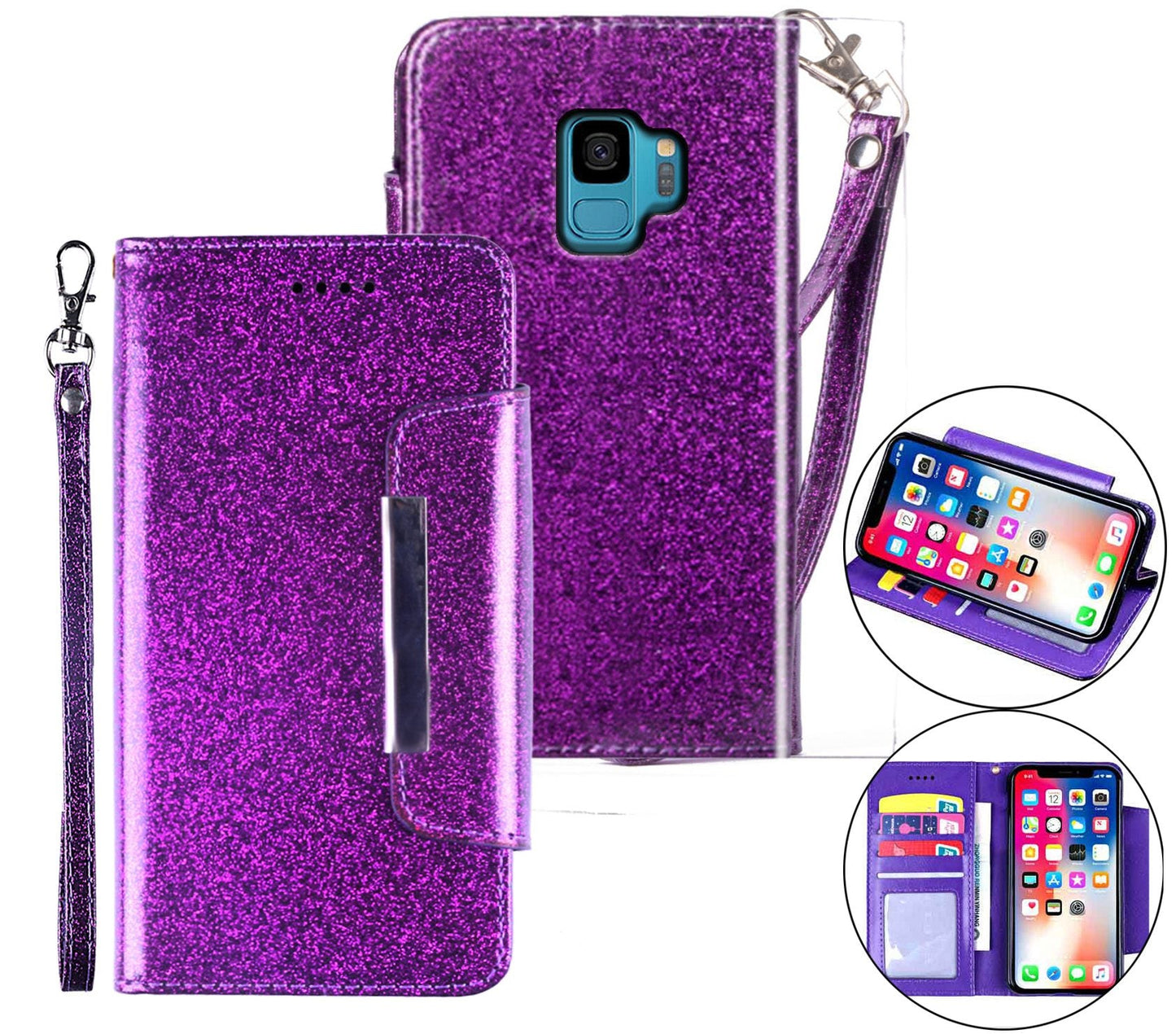 Samsung Galaxy S9 Case Wallet Cover Glitter Purple