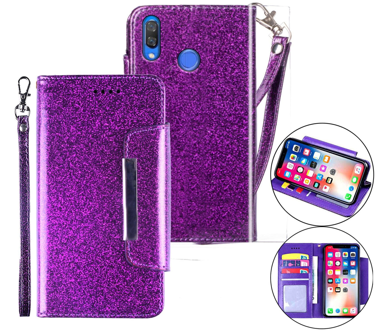 Huawei Nova 3e Case Wallet Cover Glitter Purple