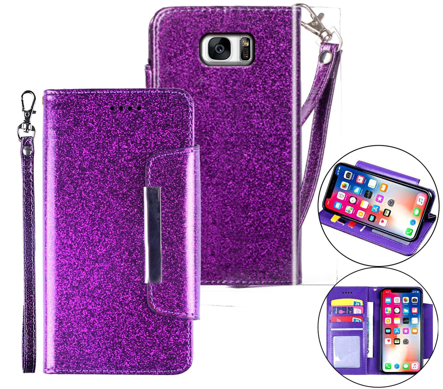 Samsung Galaxy S7 Case Wallet Cover Glitter Purple