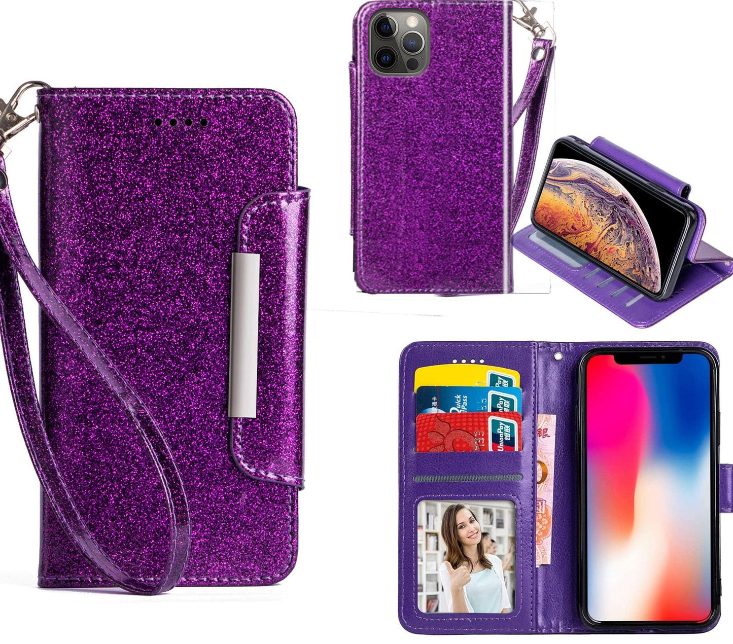 iPhone 13 Pro Max Case Wallet Cover Glitter Purple