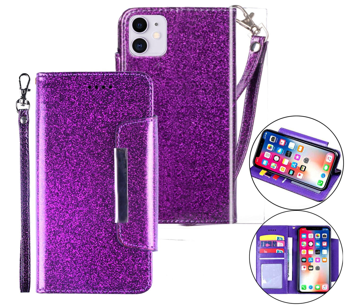 iPhone 11 Case Wallet Cover Glitter Purple