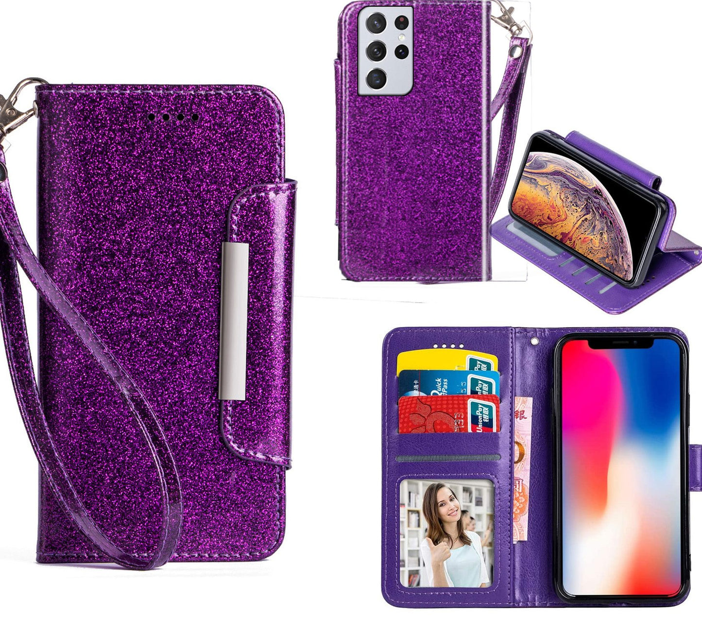 Samsung Galaxy S24 Case Wallet Cover Glitter Purple