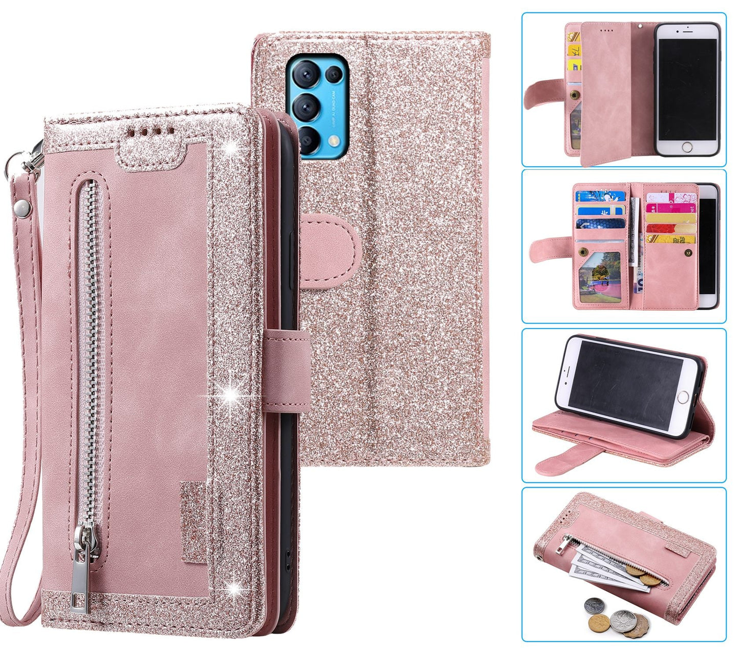 Oppo Find X3 Lite Case Wallet Cover Glitter Rose Gold