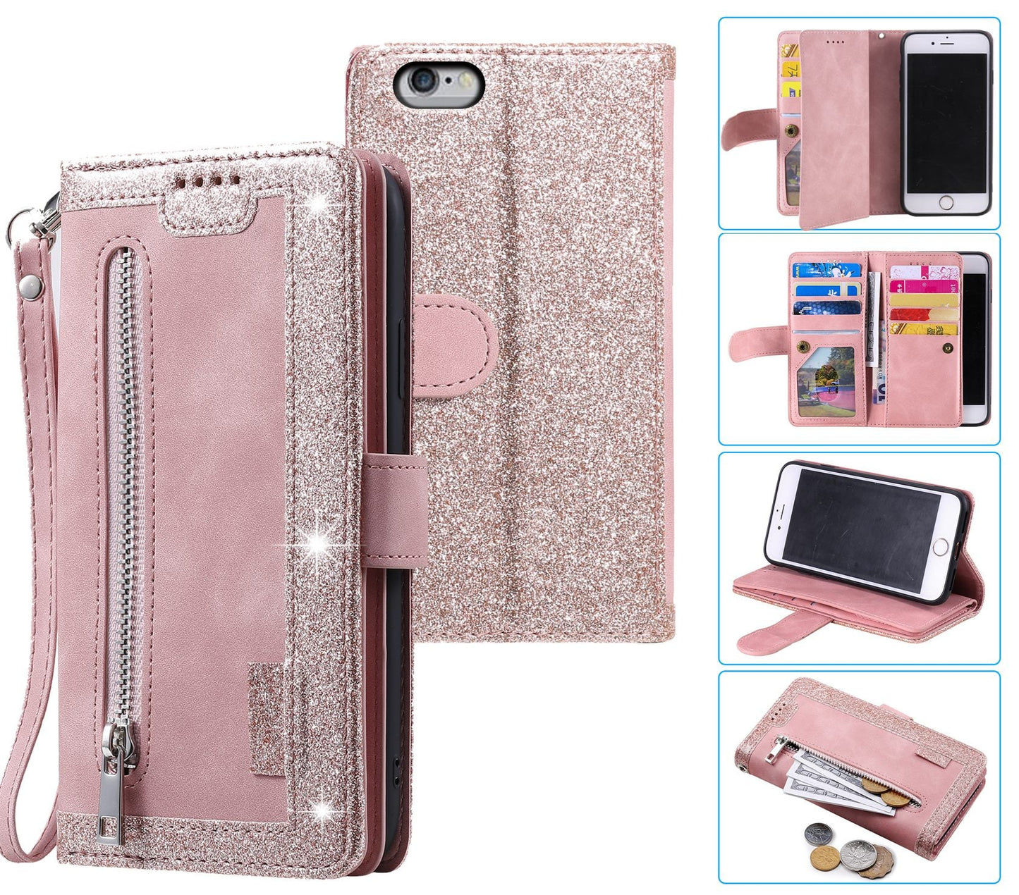 iPhone 6 Case Wallet Cover Glitter Rose Gold