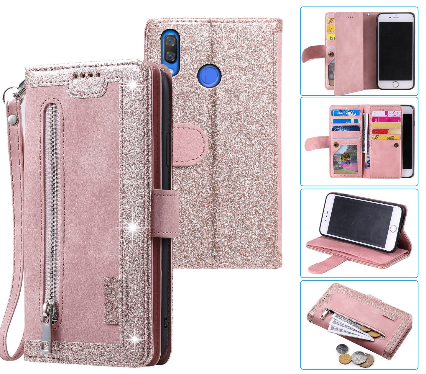 Huawei Y9 Prime Case Wallet Cover Glitter Rose Gold