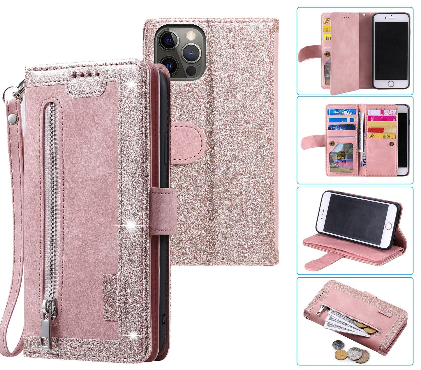 iPhone 13 Pro Case Wallet Cover Glitter Rose Gold