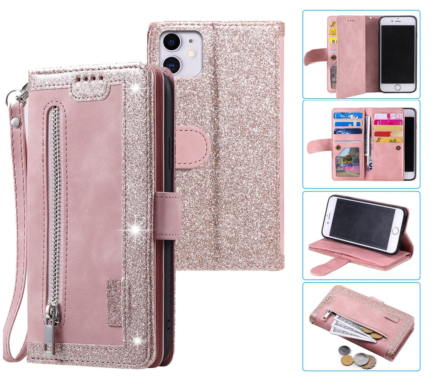 iPhone 12 Case Wallet Cover Glitter Rose Gold