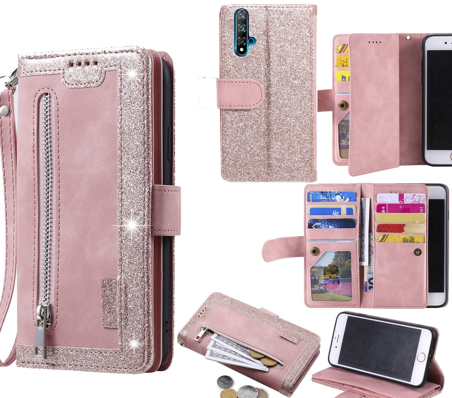 Huawei Nova 5T Case Wallet Cover Glitter Rose Gold