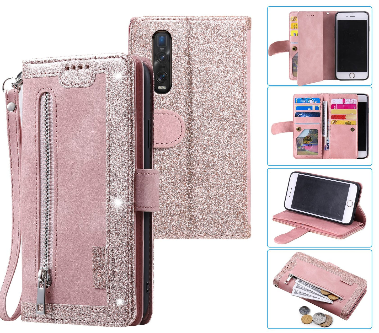 Oppo Find X2 Pro Case Wallet Cover Glitter Rose Gold