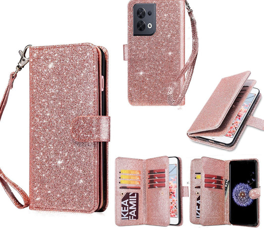 Oppo Reno 8 Case Wallet Cover Glitter Rose Gold