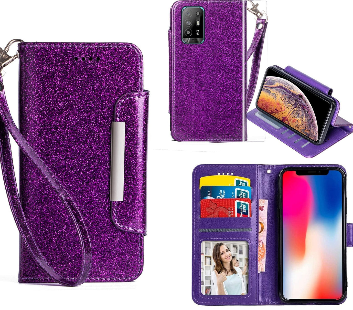 Oppo A74 Case 5G Wallet Cover Glitter Purple