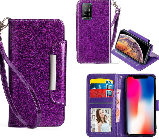 Oppo A74 Case 5G Wallet Cover Glitter Purple