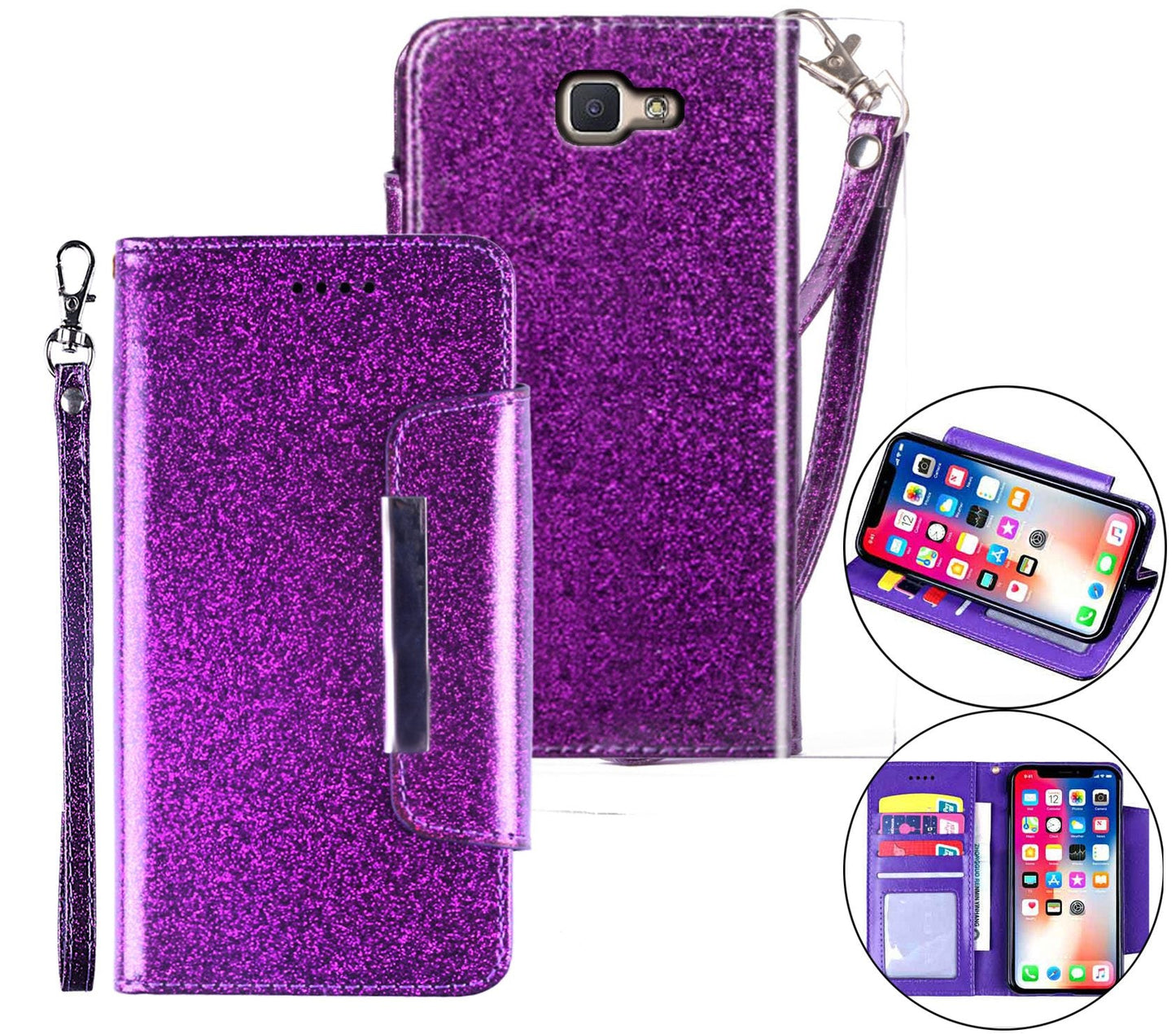 Samsung Galaxy J5 Prime Case Wallet Cover Glitter Purple