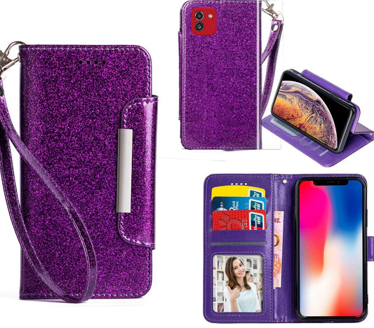 Samsung Galaxy A03 Case Wallet Cover Glitter Purple